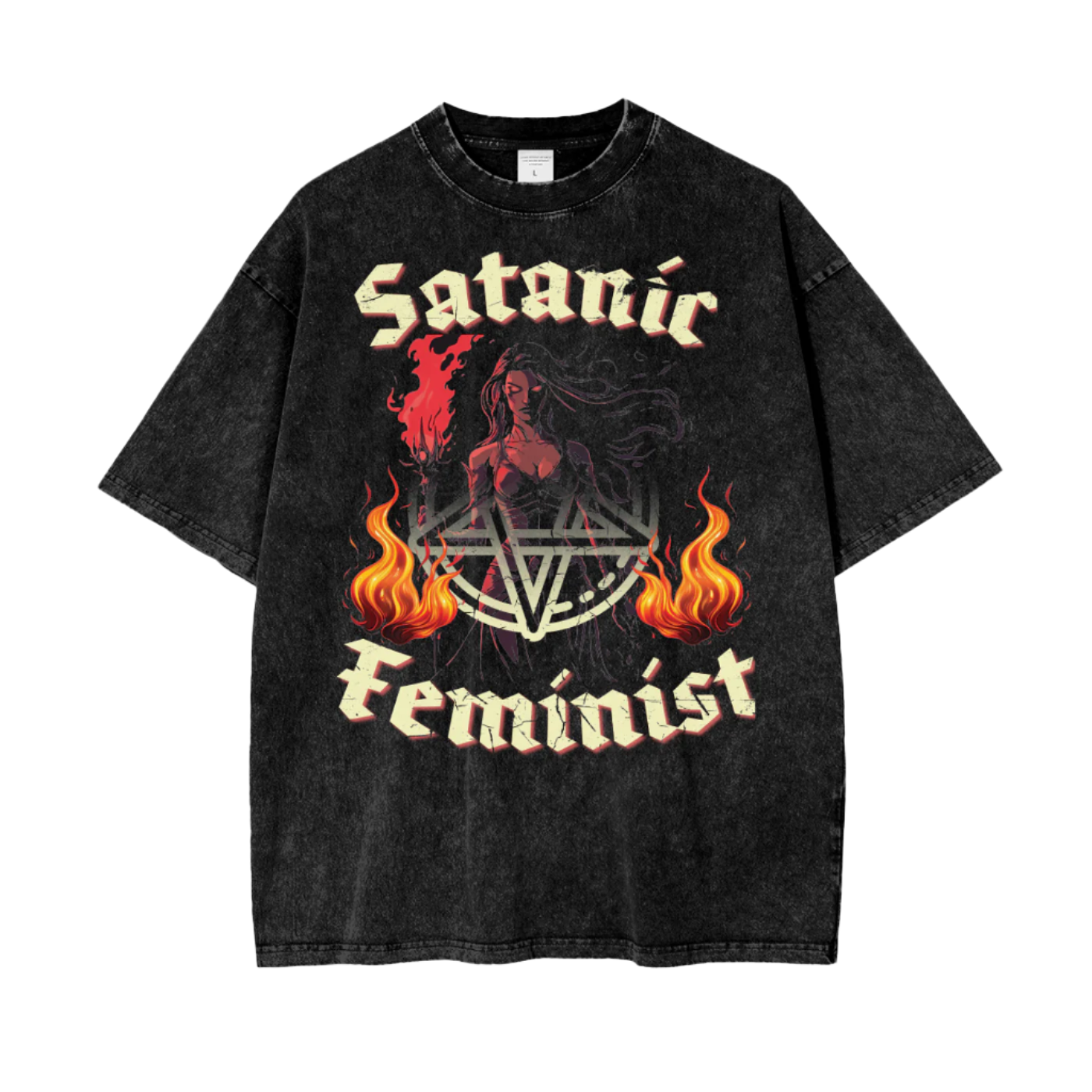 satanic feminist woman and pentagram oversized tee